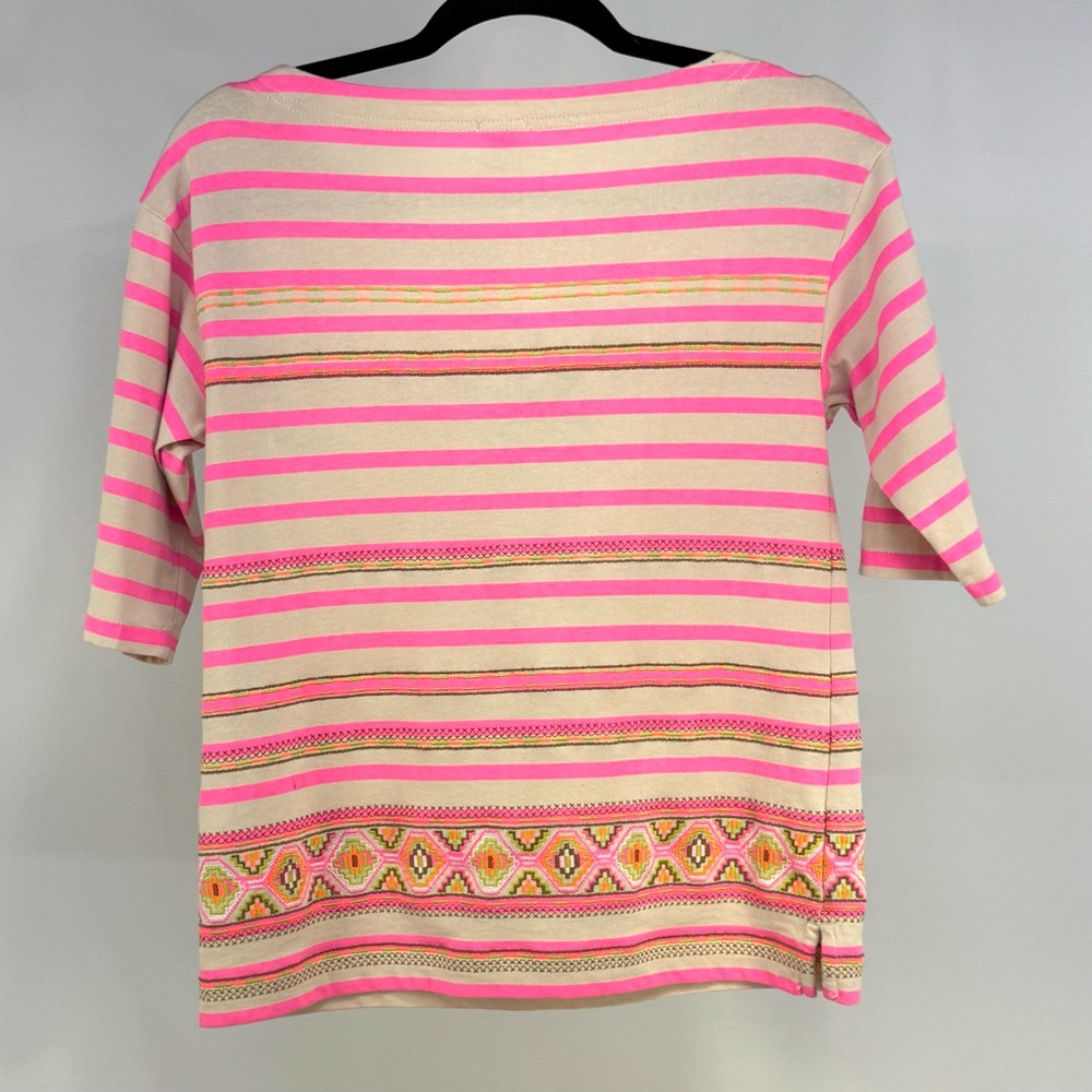 J. Crew XS neon pink stripe bohemian embroidered accent 3/4 sleeve top - Picture 3 of 13